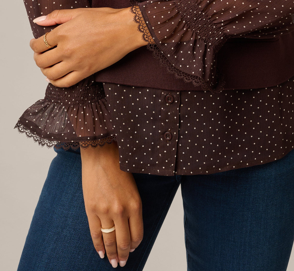 Long Sleeve Ruffle Cuff Sweater Vest Twofer Top - Chocolate W  Chocolate Iv Dot | Adrianna Papell