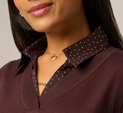 Long Sleeve Ruffle Cuff Sweater Vest Twofer Top - Chocolate W  Chocolate Iv Dot | Adrianna Papell