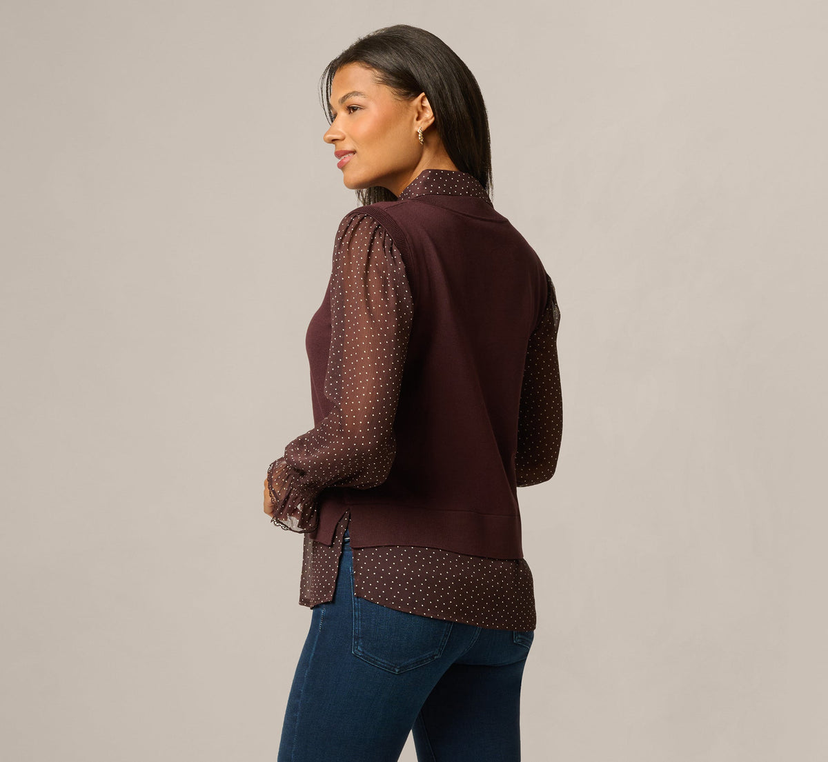 Long Sleeve Ruffle Cuff Sweater Vest Twofer Top - Chocolate W  Chocolate Iv Dot | Adrianna Papell