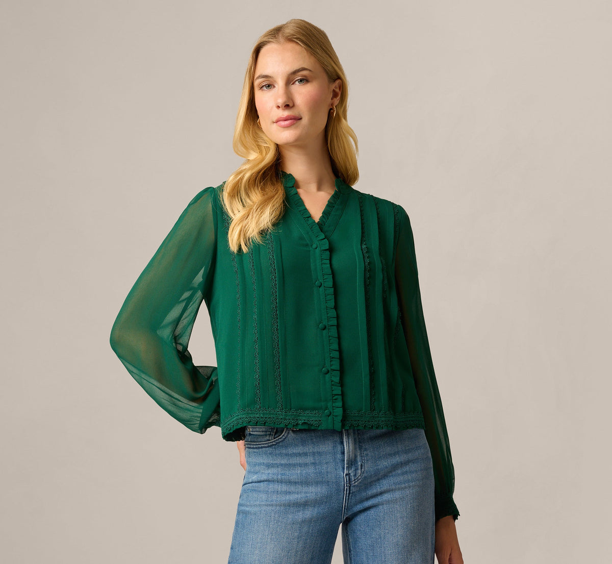 Long Sleeve Chiffon Ruffle Lace Trim Blouse - Botanical Garden | Adrianna Papell