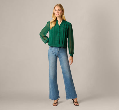Long Sleeve Chiffon Ruffle Lace Trim Blouse - Botanical Garden | Adrianna Papell