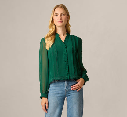 Long Sleeve Chiffon Ruffle Lace Trim Blouse - Botanical Garden | Adrianna Papell