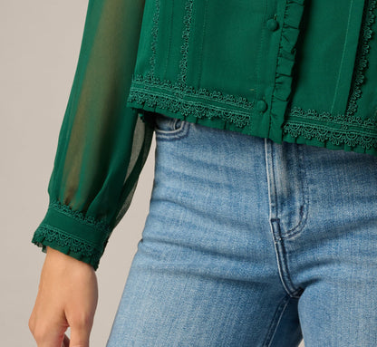 Long Sleeve Chiffon Ruffle Lace Trim Blouse - Botanical Garden | Adrianna Papell