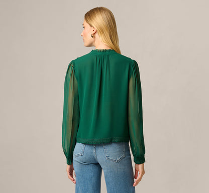 Long Sleeve Chiffon Ruffle Lace Trim Blouse - Botanical Garden | Adrianna Papell