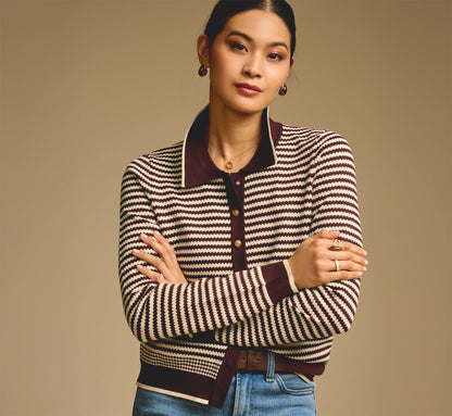 Long Sleeve Polo Collar Cardigan Sweater - Chocolate Cream | Adrianna Papell