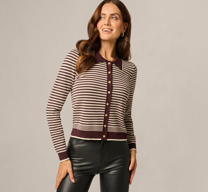 Long Sleeve Polo Collar Cardigan Sweater - Chocolate Cream | Adrianna Papell