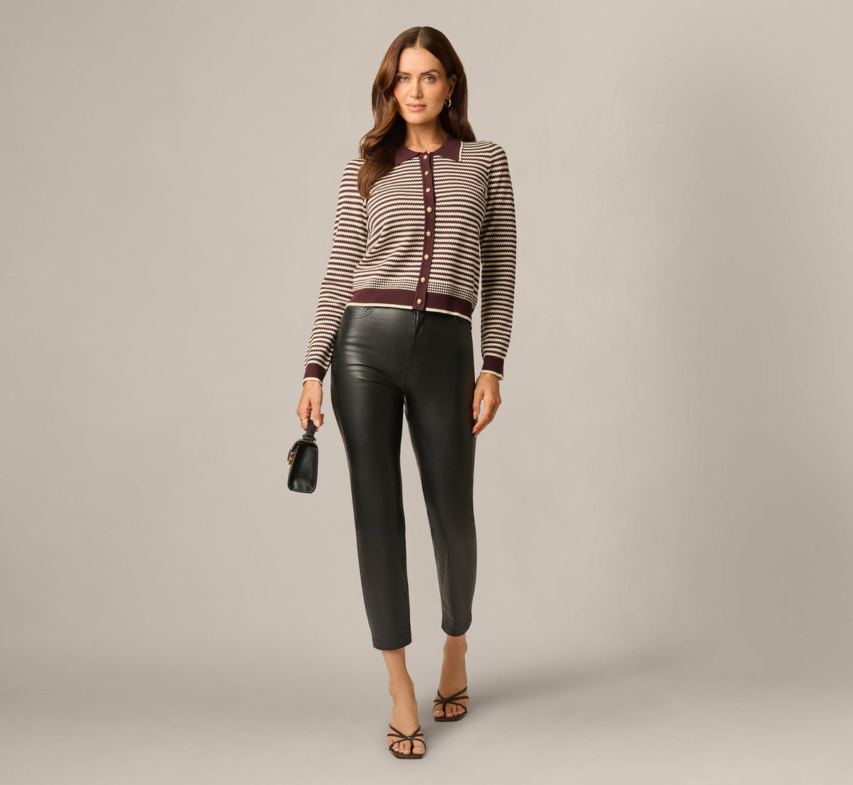 Long Sleeve Polo Collar Cardigan Sweater - Chocolate Cream | Adrianna Papell