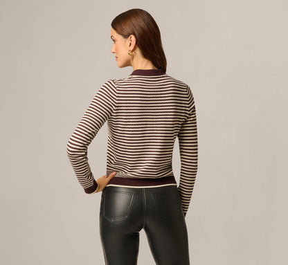 Long Sleeve Polo Collar Cardigan Sweater - Chocolate Cream | Adrianna Papell