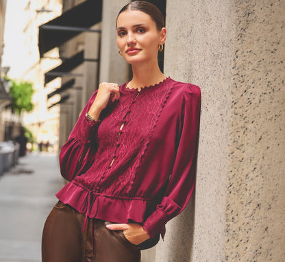 Long Sleeve Lace Trim Drawstring Hem Blouse - Fig | Adrianna Papell