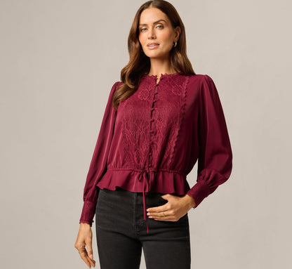 Long Sleeve Lace Trim Drawstring Hem Blouse - Fig | Adrianna Papell
