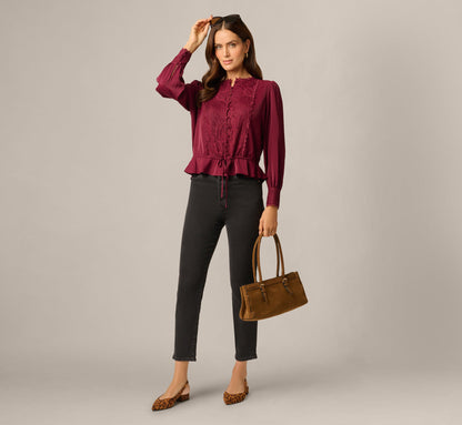 Long Sleeve Lace Trim Drawstring Hem Blouse - Fig | Adrianna Papell
