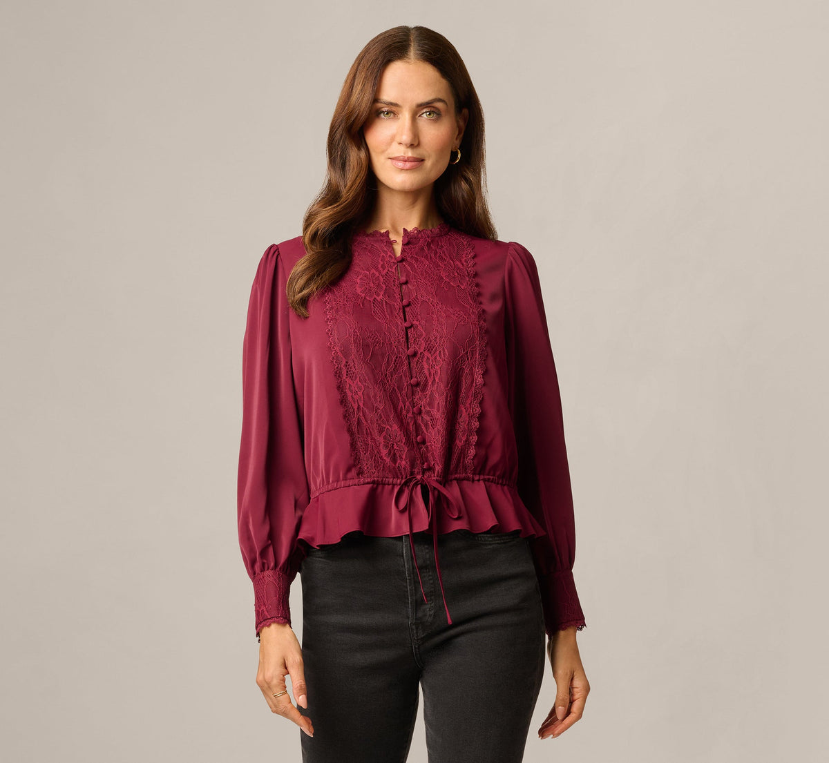 Long Sleeve Lace Trim Drawstring Hem Blouse - Fig | Adrianna Papell