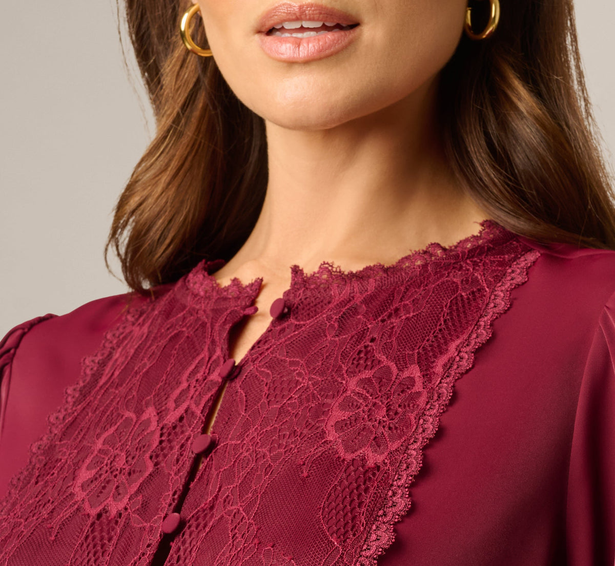 Long Sleeve Lace Trim Drawstring Hem Blouse - Fig | Adrianna Papell