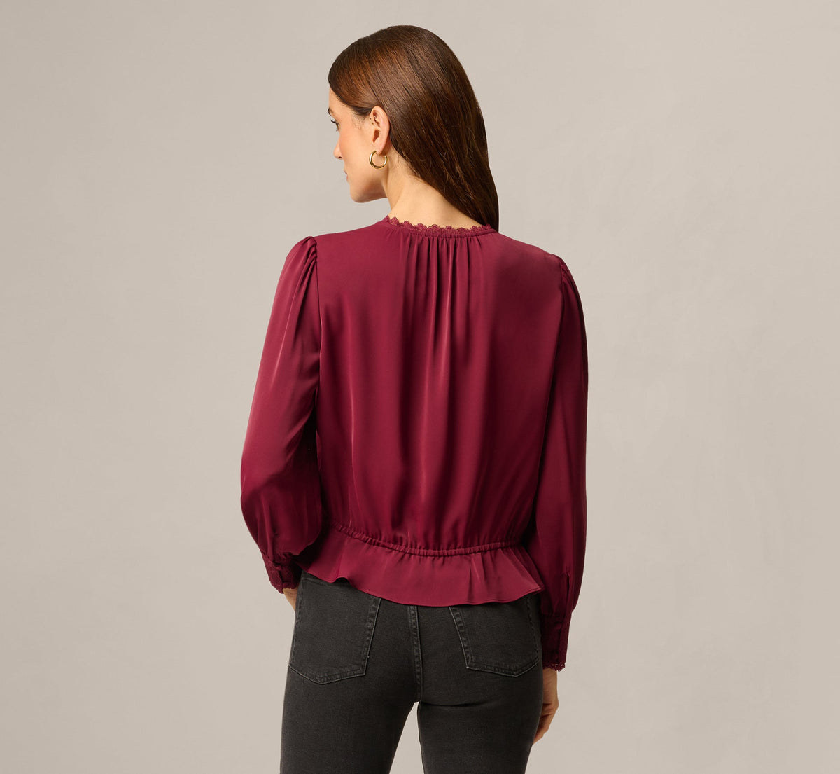 Long Sleeve Lace Trim Drawstring Hem Blouse - Fig | Adrianna Papell