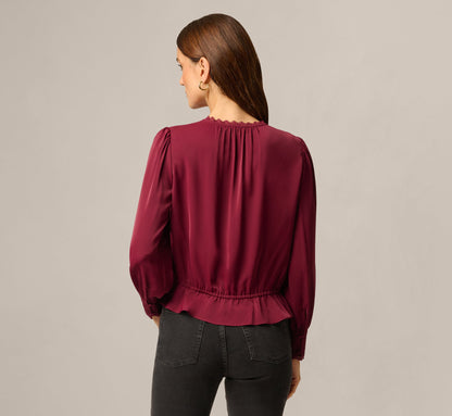 Long Sleeve Lace Trim Drawstring Hem Blouse - Fig | Adrianna Papell