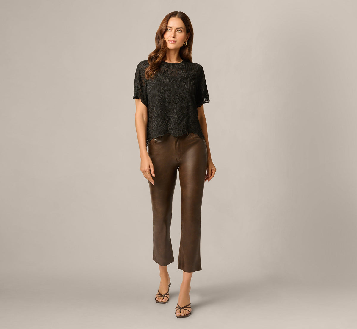 Short Sleeve Sheer Embroidered Lace Top - Black | Adrianna Papell