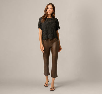 Short Sleeve Sheer Embroidered Lace Top - Black | Adrianna Papell