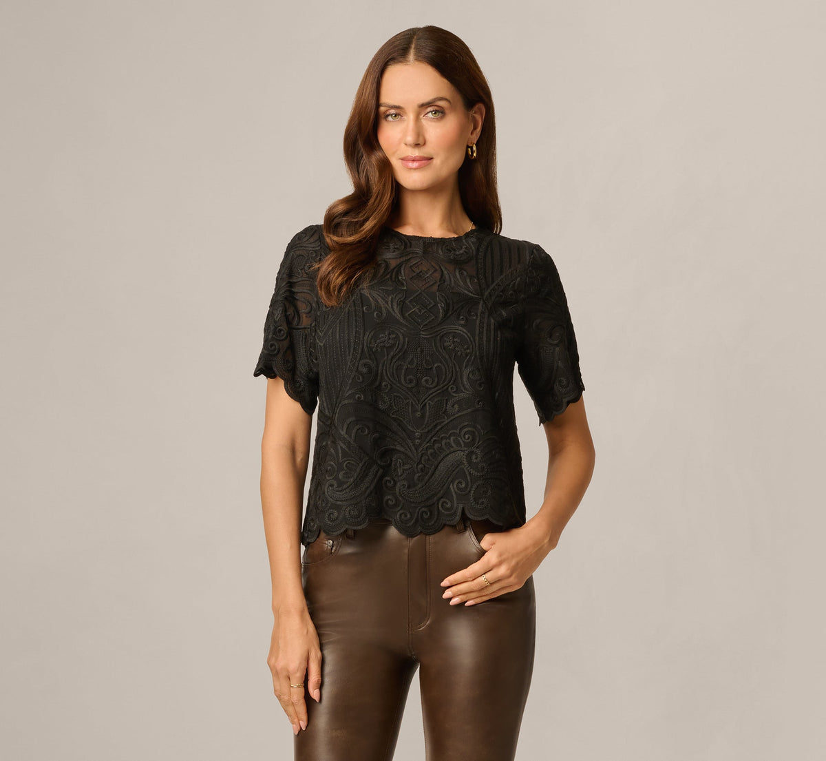 Short Sleeve Sheer Embroidered Lace Top - Black | Adrianna Papell