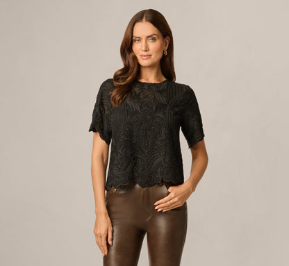 Short Sleeve Sheer Embroidered Lace Top - Black | Adrianna Papell