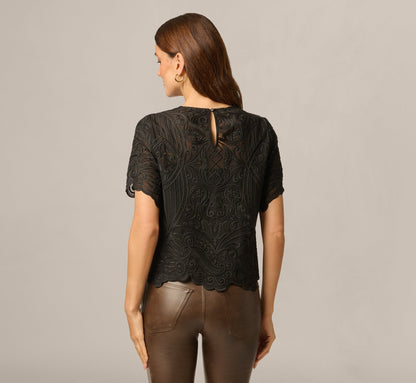 Short Sleeve Sheer Embroidered Lace Top - Black | Adrianna Papell