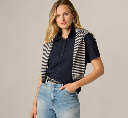Short Sleeve Open Pointelle Polo Top - Blue Moon | Adrianna Papell