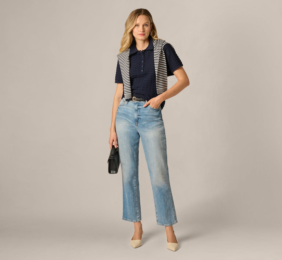 Short Sleeve Open Pointelle Polo Top - Blue Moon | Adrianna Papell