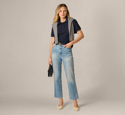 Short Sleeve Open Pointelle Polo Top - Blue Moon | Adrianna Papell