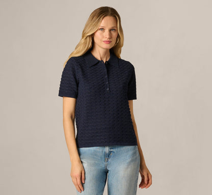 Short Sleeve Open Pointelle Polo Top - Blue Moon | Adrianna Papell