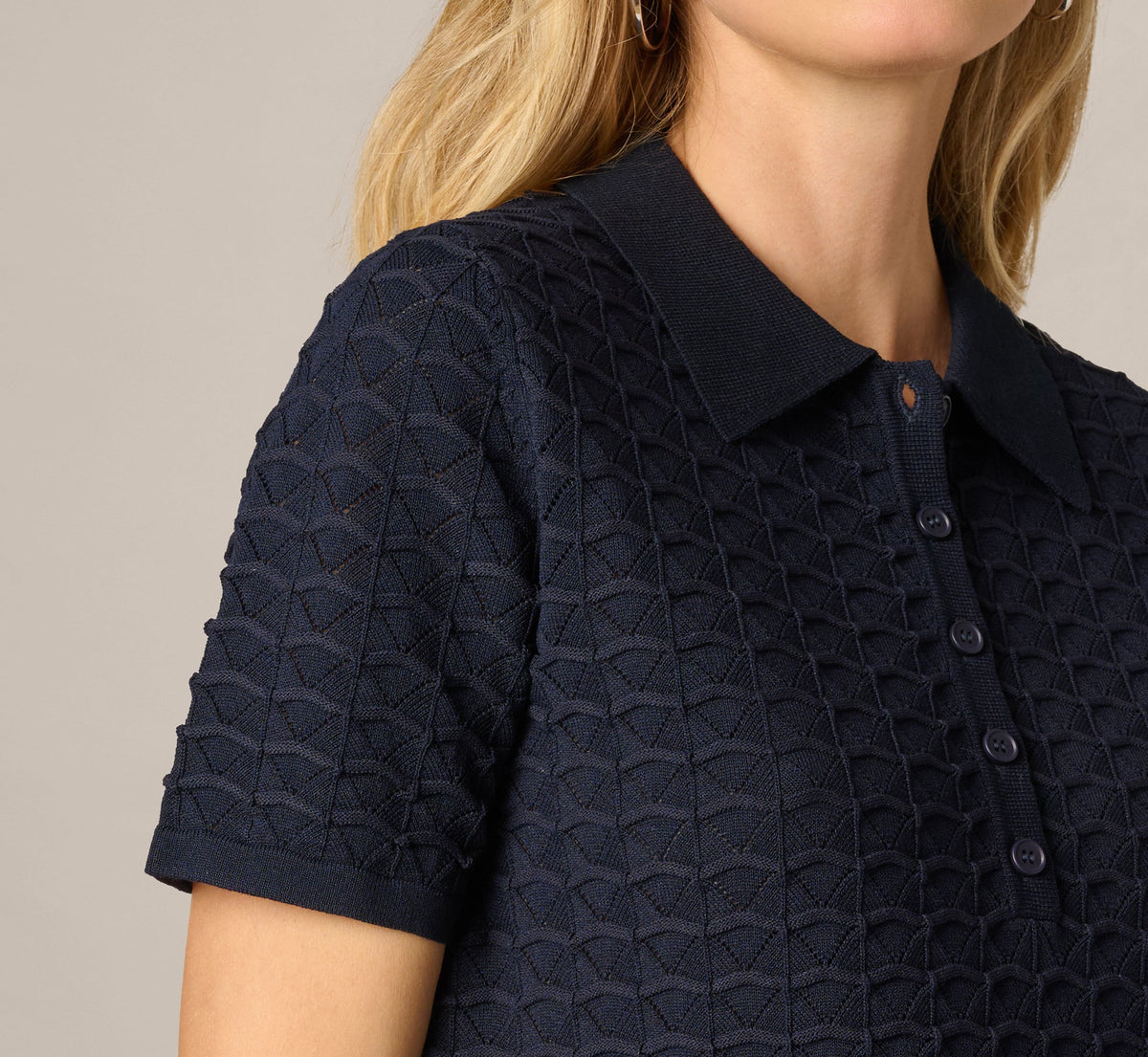 Short Sleeve Open Pointelle Polo Top - Blue Moon | Adrianna Papell