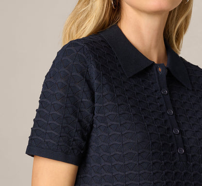 Short Sleeve Open Pointelle Polo Top - Blue Moon | Adrianna Papell