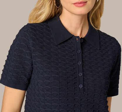 Short Sleeve Open Pointelle Polo Top - Blue Moon | Adrianna Papell