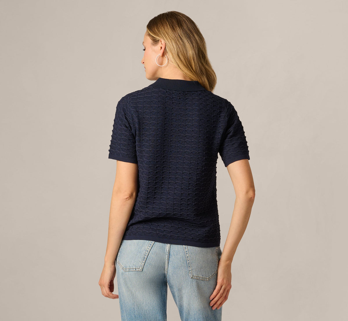 Short Sleeve Open Pointelle Polo Top - Blue Moon | Adrianna Papell