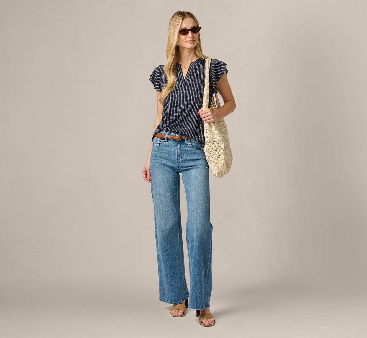 Flutter Sleeve Notch Neck Top - Navy Abstract Stripe | Adrianna Papell