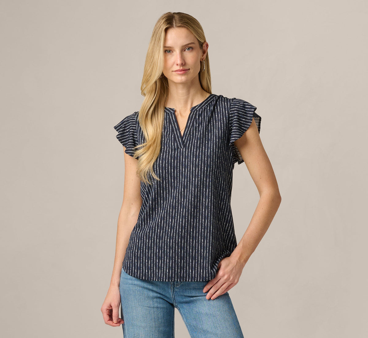 Flutter Sleeve Notch Neck Top - Navy Abstract Stripe | Adrianna Papell