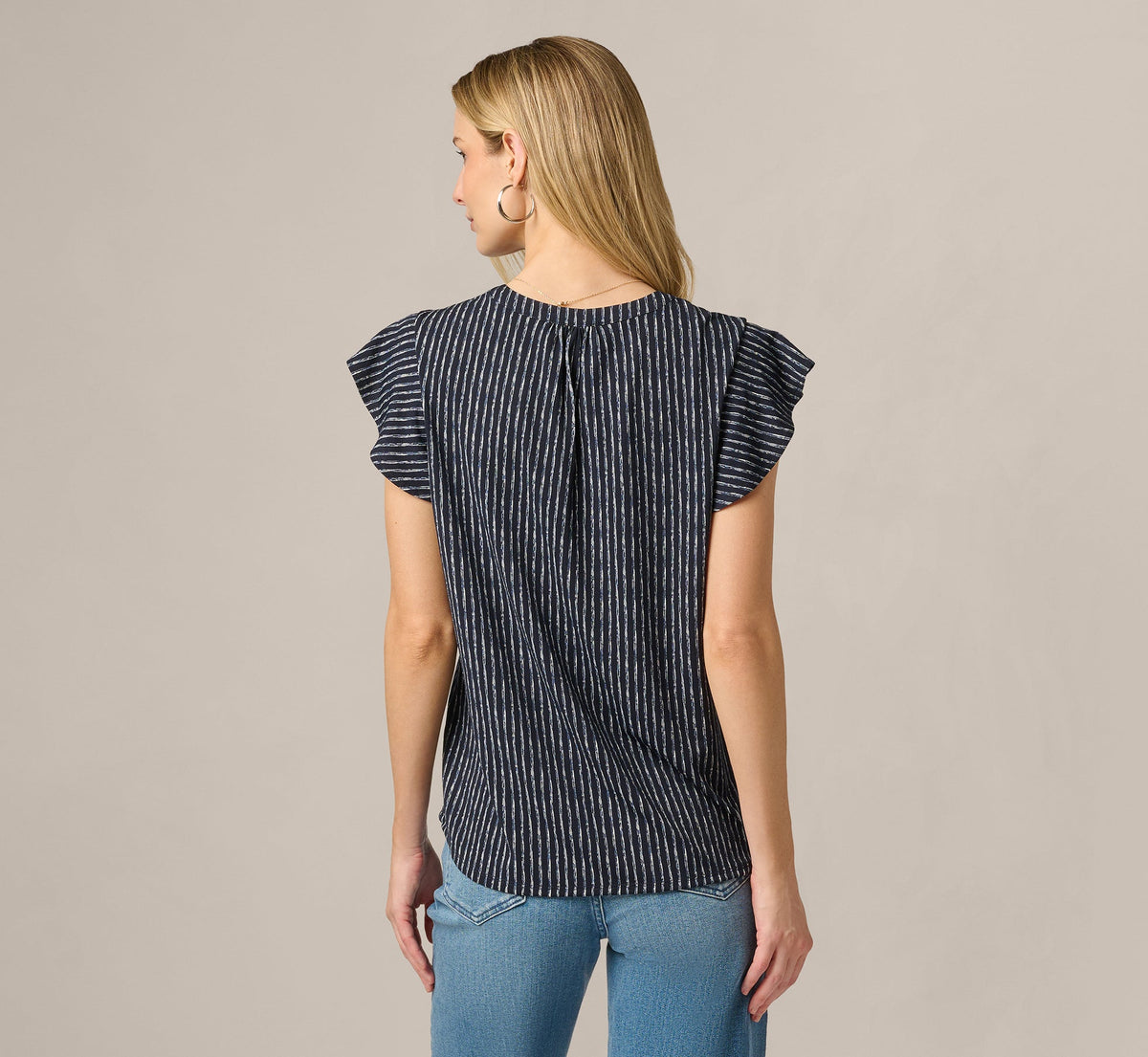 Flutter Sleeve Notch Neck Top - Navy Abstract Stripe | Adrianna Papell