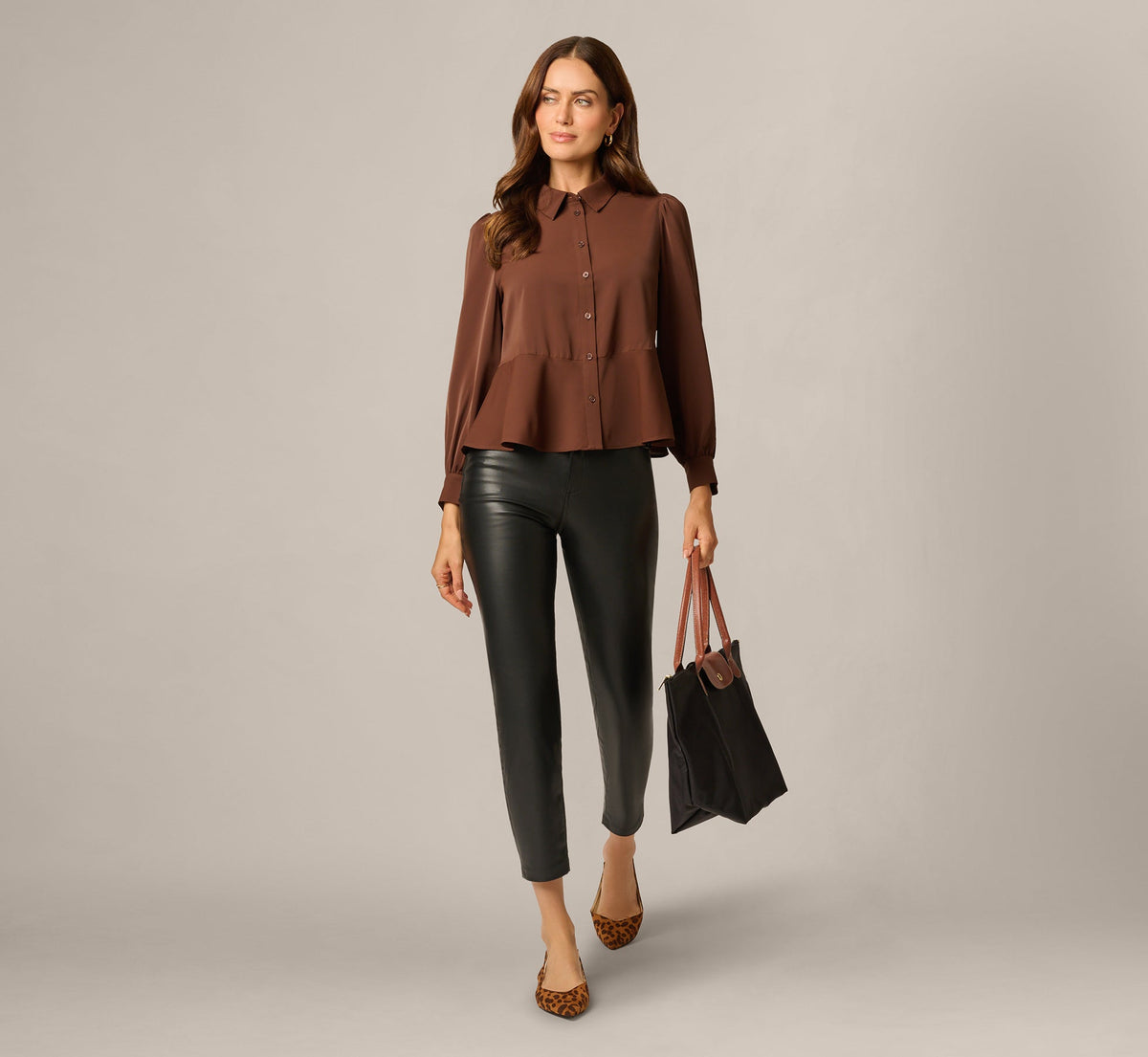 Long Sleeve Peplum Collared Blouse - Chicory Coffee | Adrianna Papell