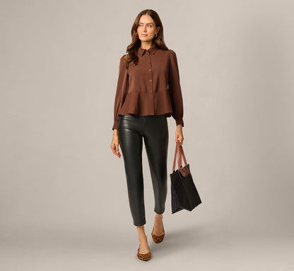Long Sleeve Peplum Collared Blouse - Chicory Coffee | Adrianna Papell