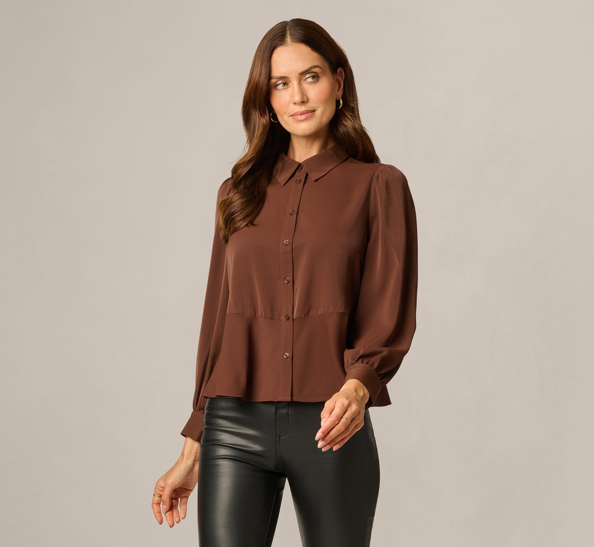 Long Sleeve Peplum Collared Blouse - Chicory Coffee | Adrianna Papell