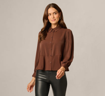 Long Sleeve Peplum Collared Blouse - Chicory Coffee | Adrianna Papell