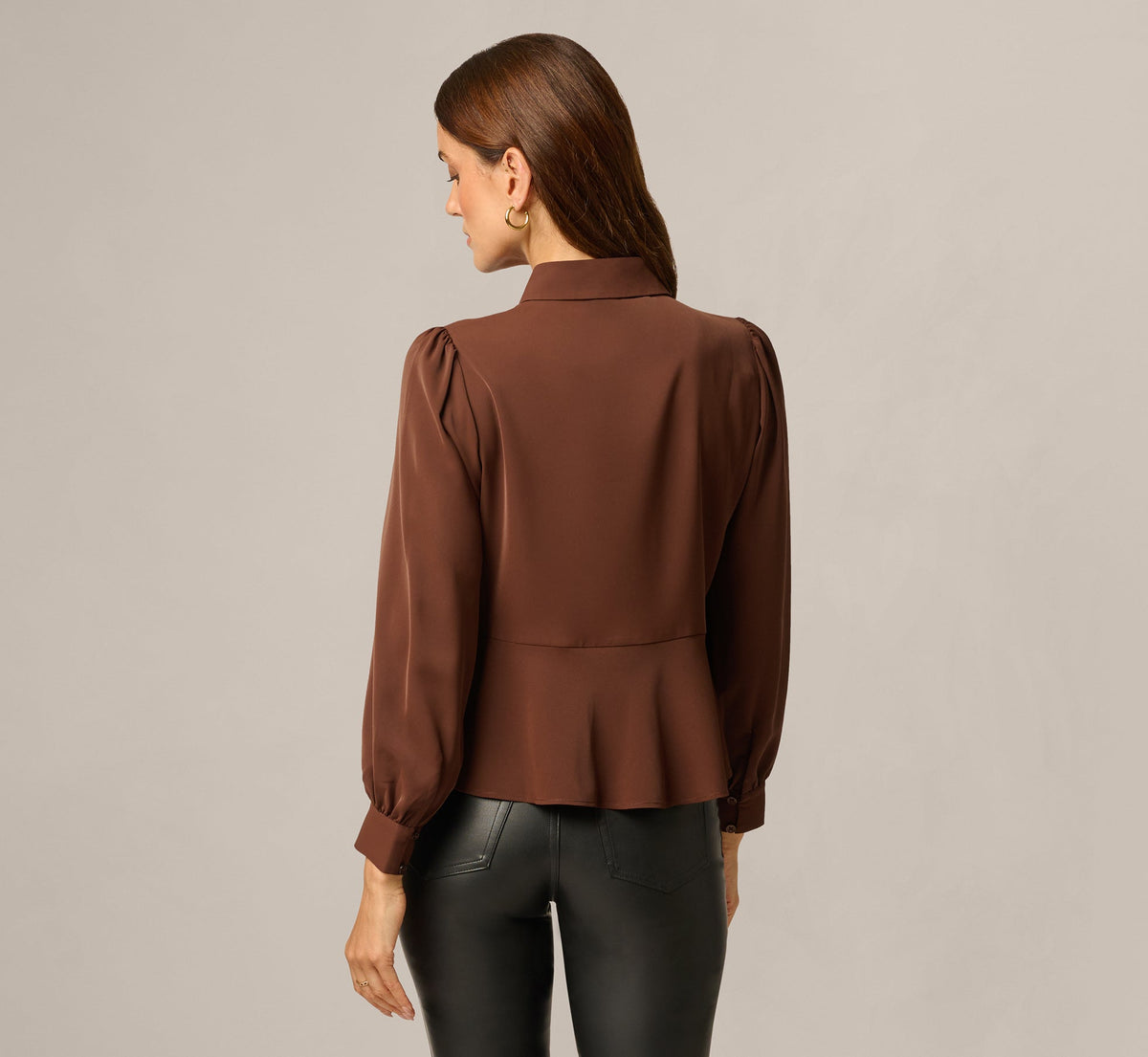 Long Sleeve Peplum Collared Blouse - Chicory Coffee | Adrianna Papell