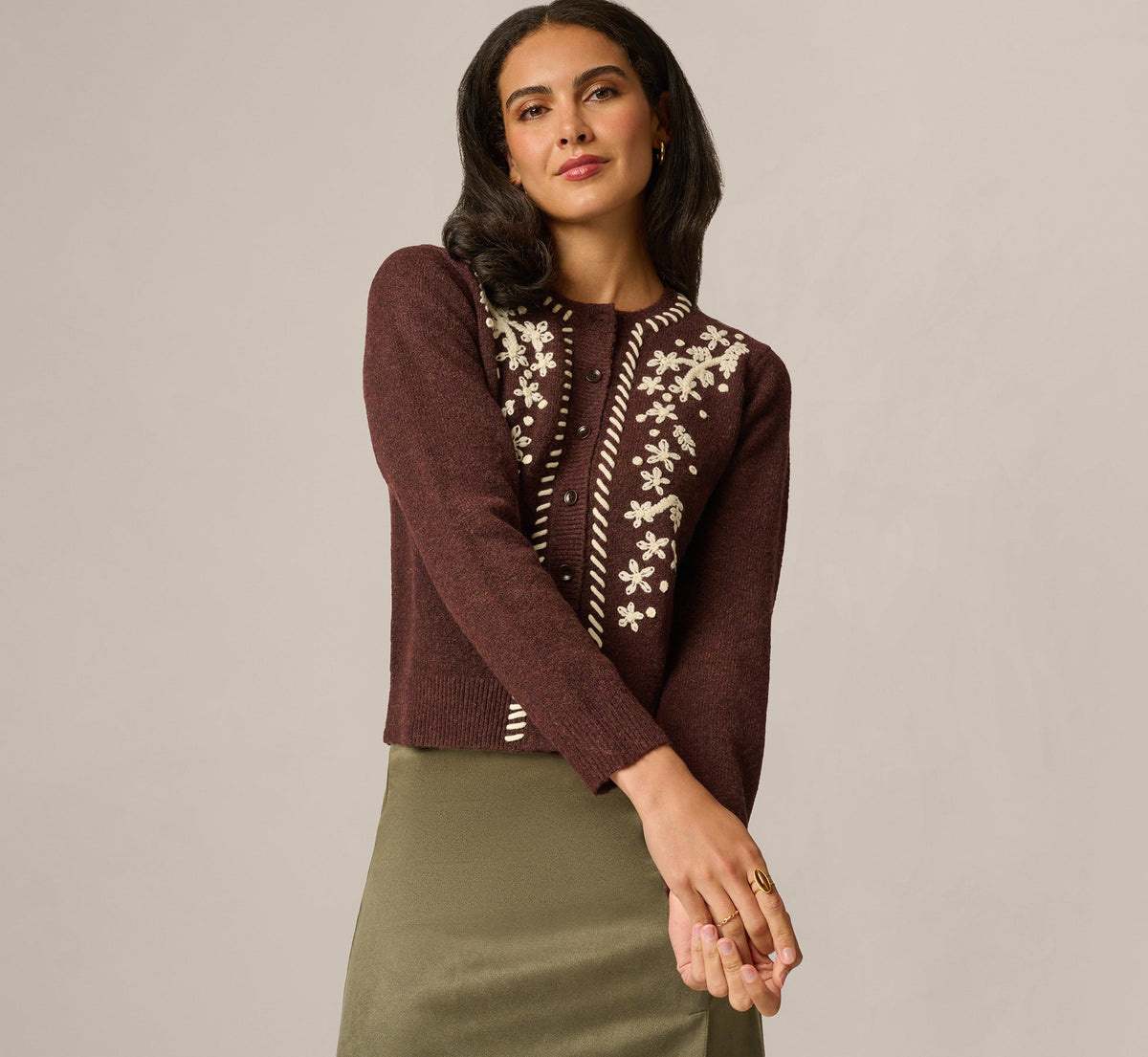 Long Sleeve Contrast Floral Embroidered Cardigan Sweater - Cambridge Brown Cream | Adrianna Papell