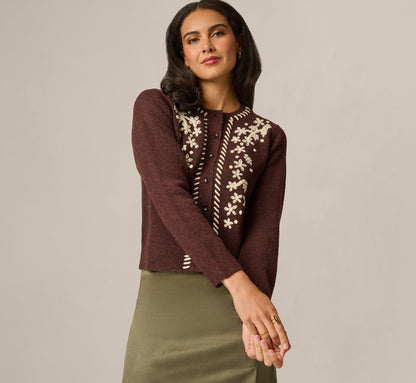 Long Sleeve Contrast Floral Embroidered Cardigan Sweater - Cambridge Brown Cream | Adrianna Papell