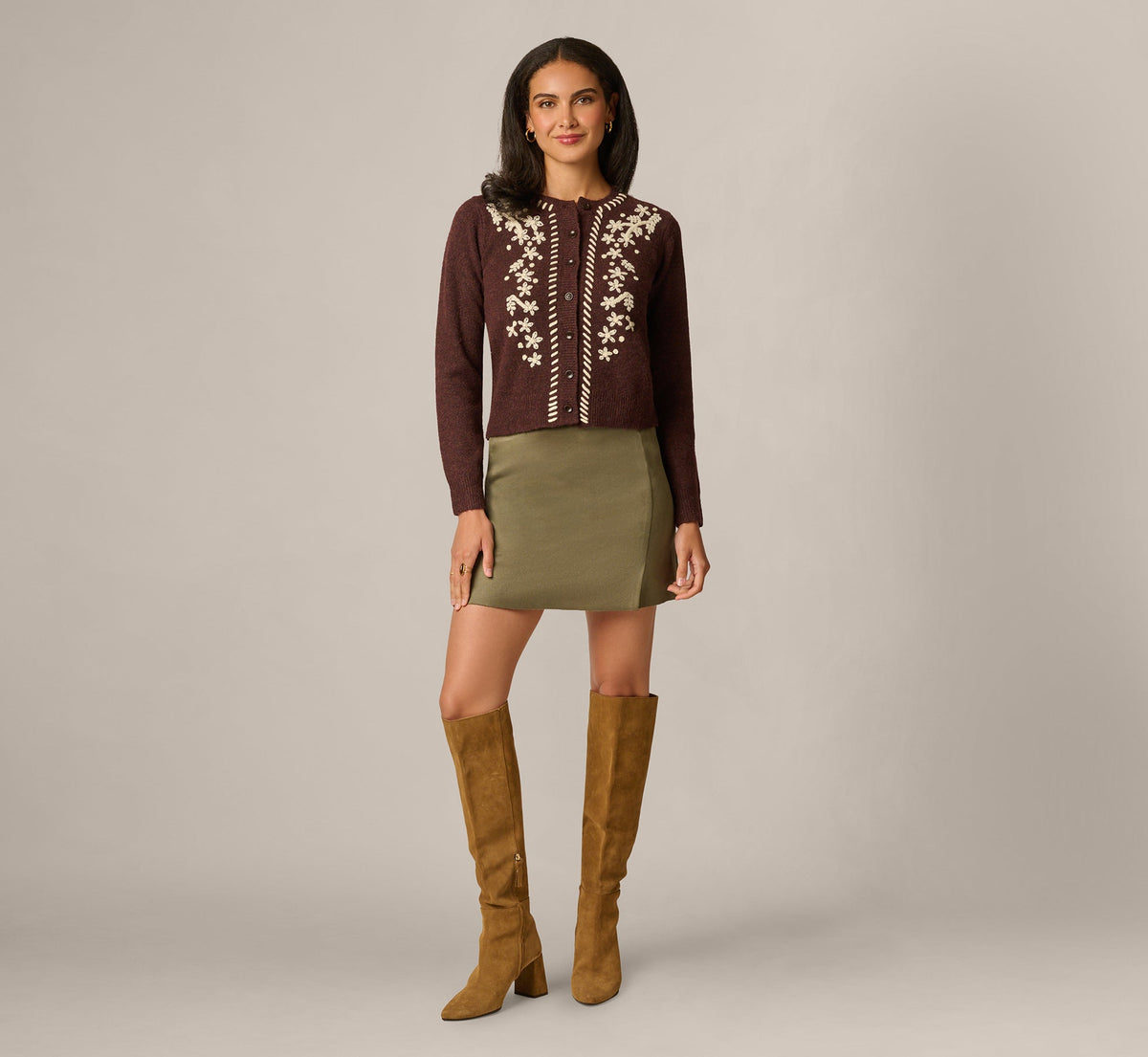 Long Sleeve Contrast Floral Embroidered Cardigan Sweater - Cambridge Brown Cream | Adrianna Papell