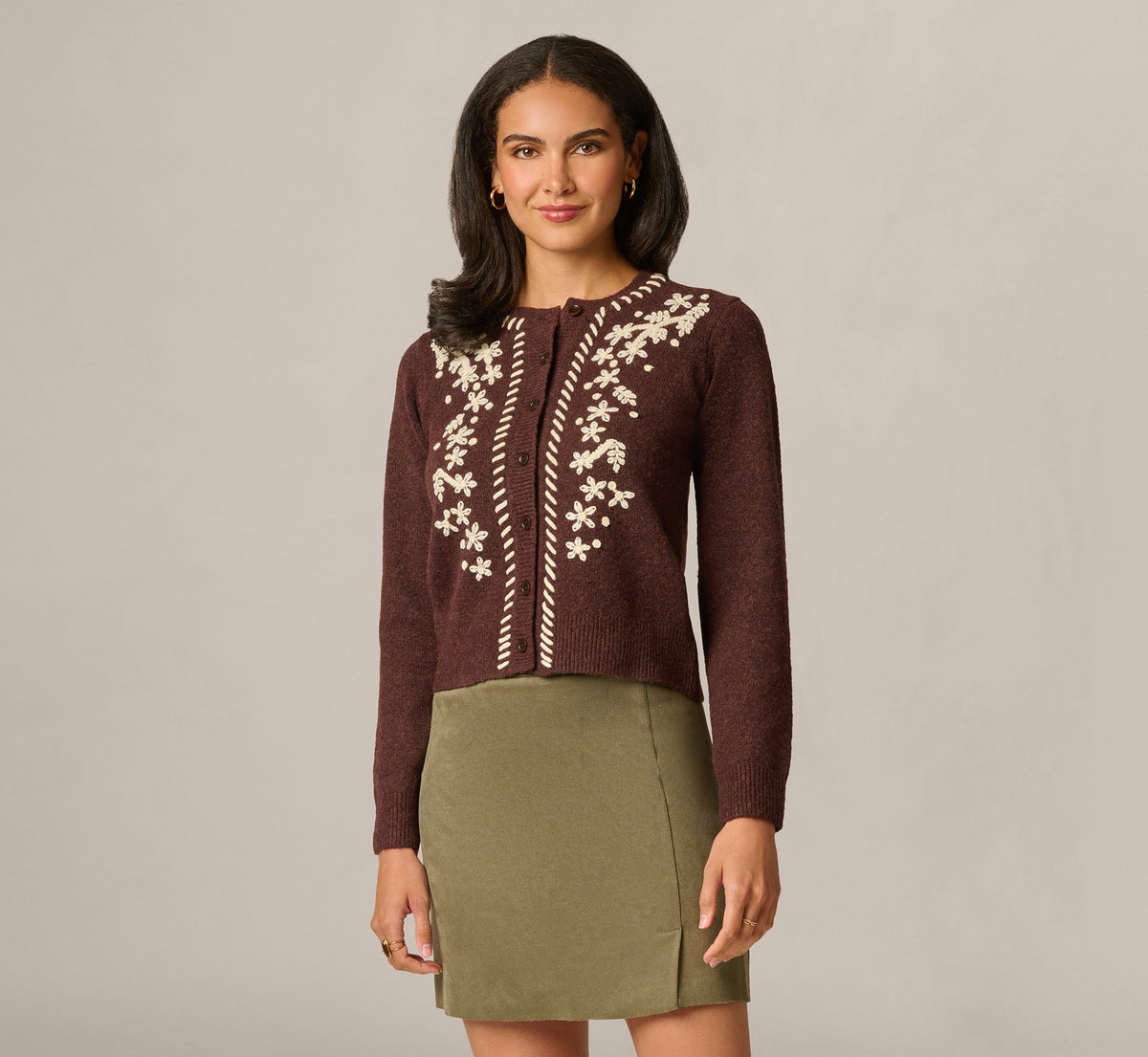 Long Sleeve Contrast Floral Embroidered Cardigan Sweater - Cambridge Brown Cream | Adrianna Papell