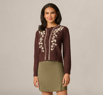 Long Sleeve Contrast Floral Embroidered Cardigan Sweater - Cambridge Brown Cream | Adrianna Papell