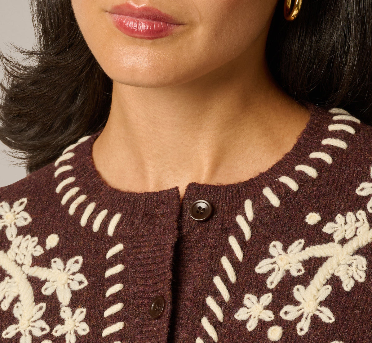 Long Sleeve Contrast Floral Embroidered Cardigan Sweater - Cambridge Brown Cream | Adrianna Papell