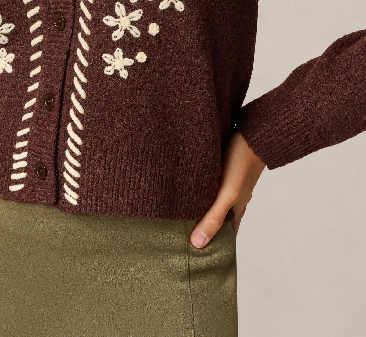 Long Sleeve Contrast Floral Embroidered Cardigan Sweater - Cambridge Brown Cream | Adrianna Papell