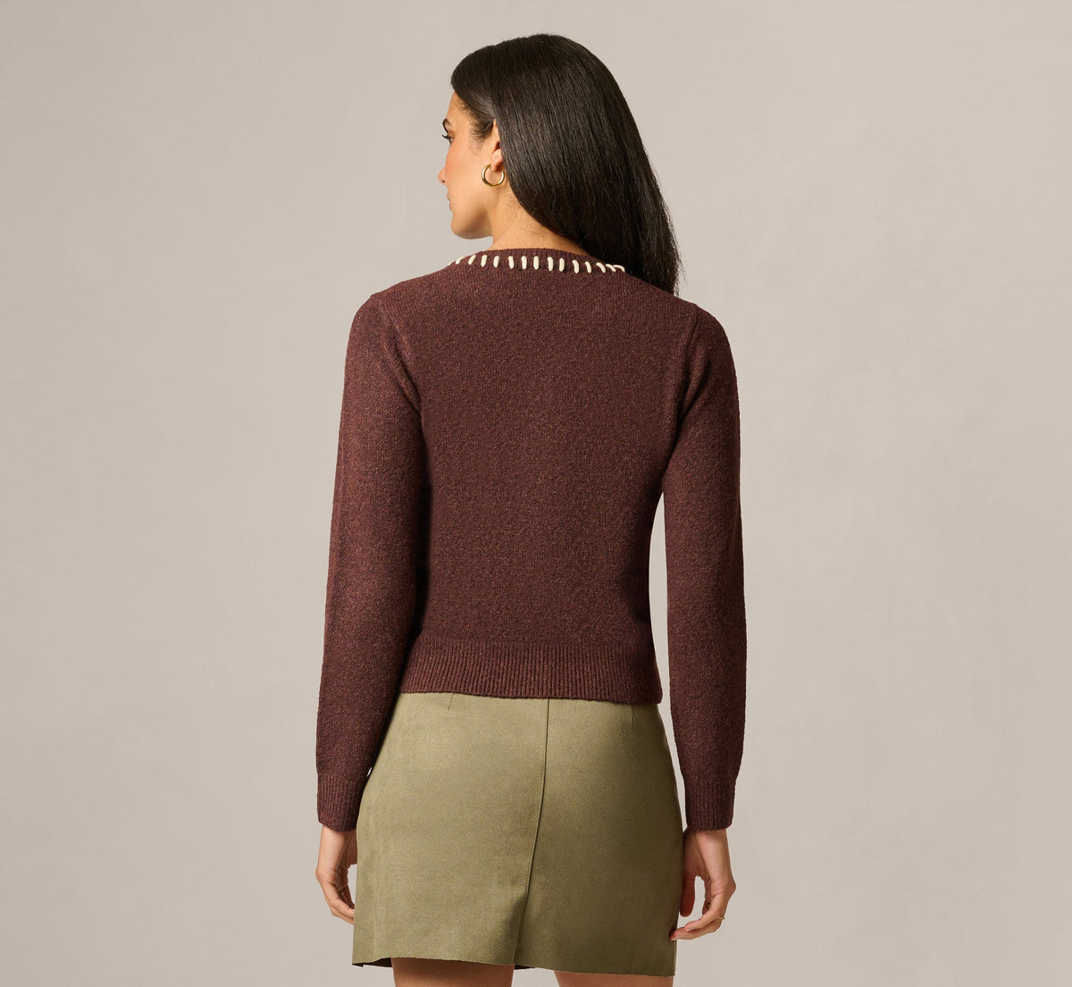 Long Sleeve Contrast Floral Embroidered Cardigan Sweater - Cambridge Brown Cream | Adrianna Papell