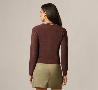 Long Sleeve Contrast Floral Embroidered Cardigan Sweater - Cambridge Brown Cream | Adrianna Papell
