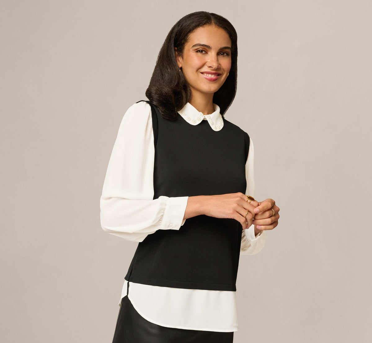 Pearly Collar Sweater Vest Twofer Top - Black Ivory | Adrianna Papell